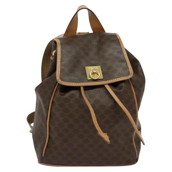 CELINE Macadam Canvas Backpack Pvc Leather Brown Gold - Picture 2 of 12